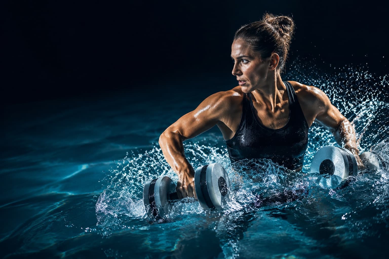 Athlete training with Fitaqua water dumbbells in a pool