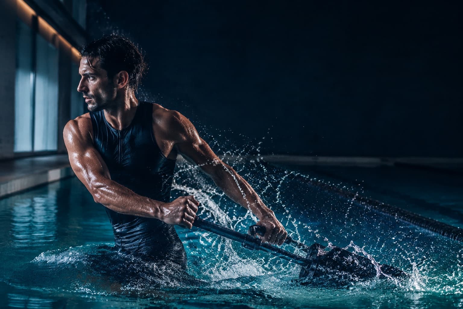 Athlete training with aquatic resistance equipment in a lap pool